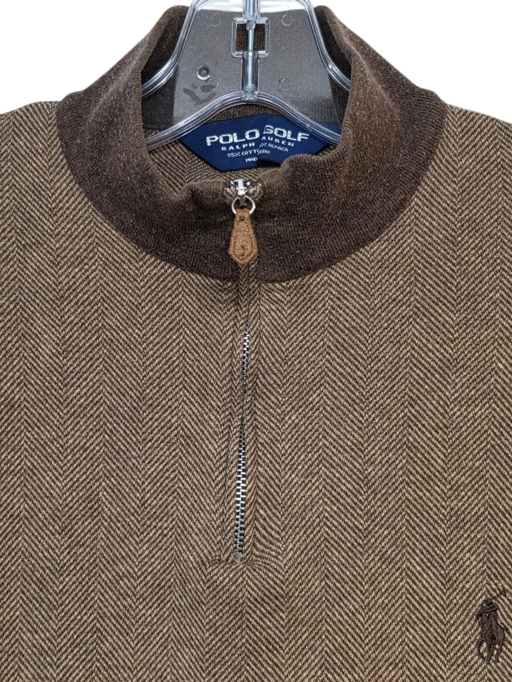 Polo Golf Ralph Lauren Men’s S Brown Herringbone Alpaca Blend 1/4 Zip